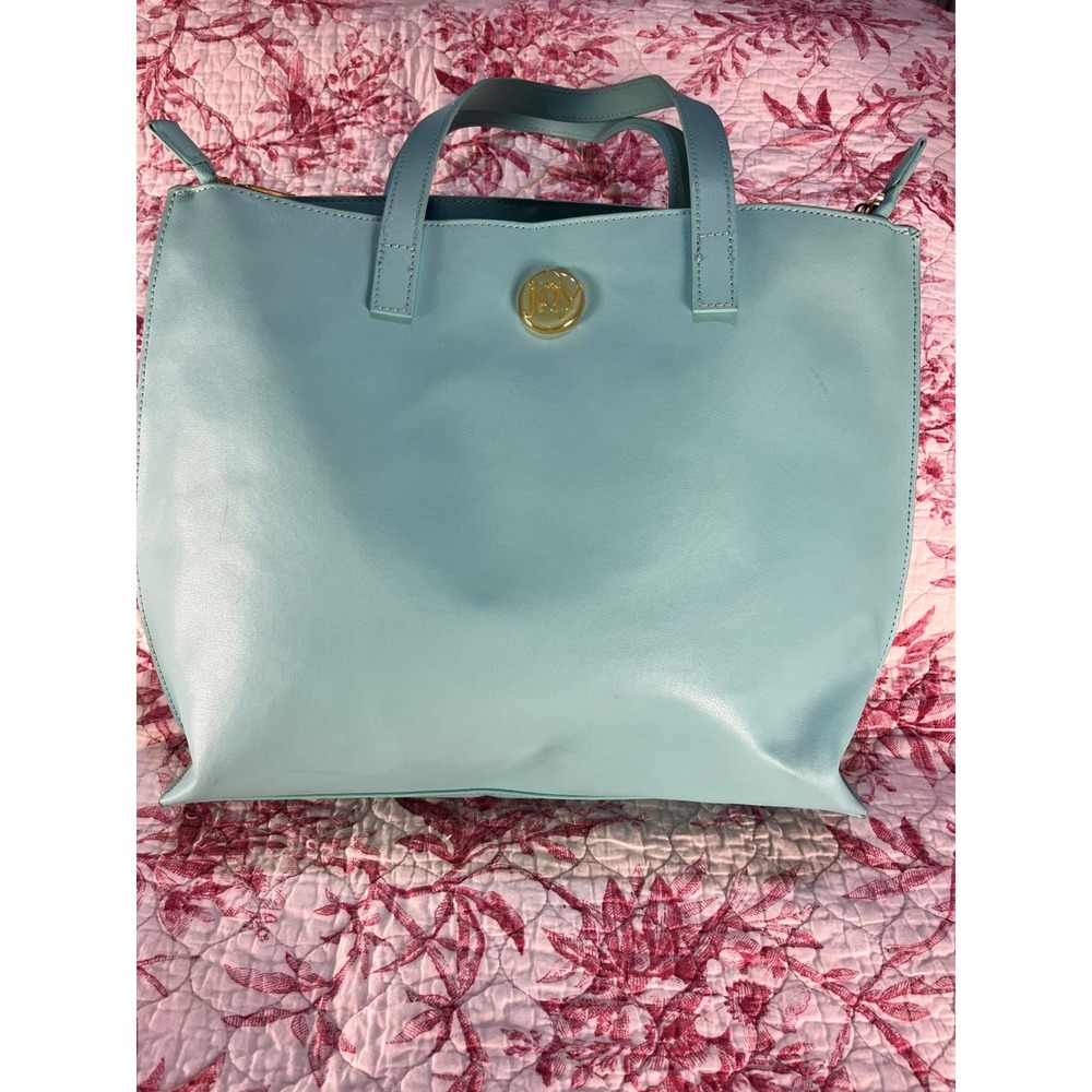 Joy Mangano Women Light Blue Faux Leather Top Zip Tote Handbag Gold Logo
